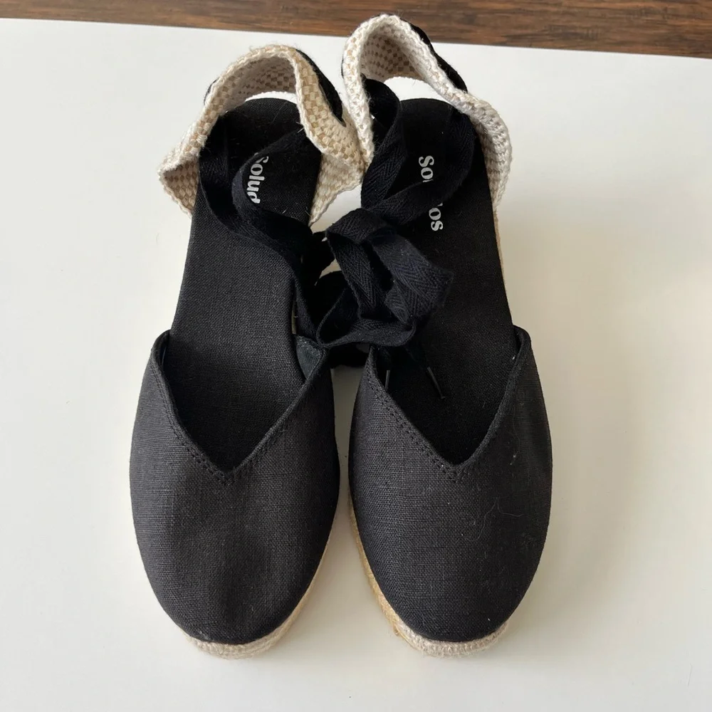 Soludos Lyon Espadrille Wedge Sandals Lace Ankle Black and Tan Size 6.5